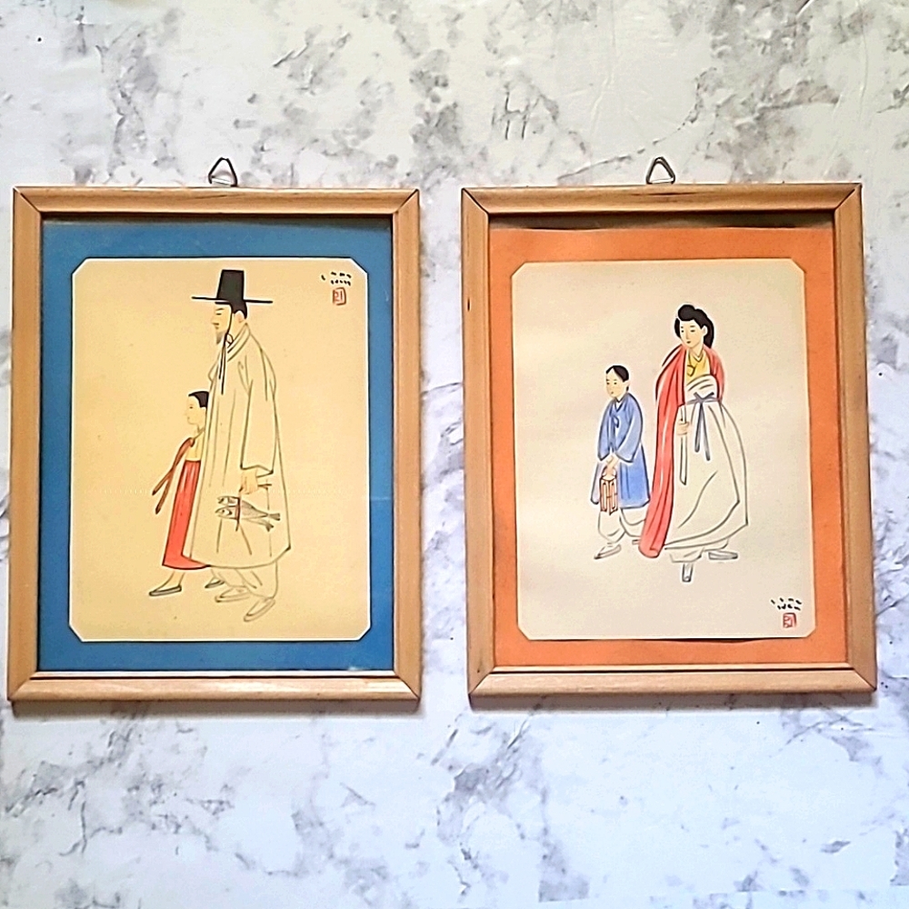 Signed Traditional Asian Korean Folk Art Man Woman w child Set of 2